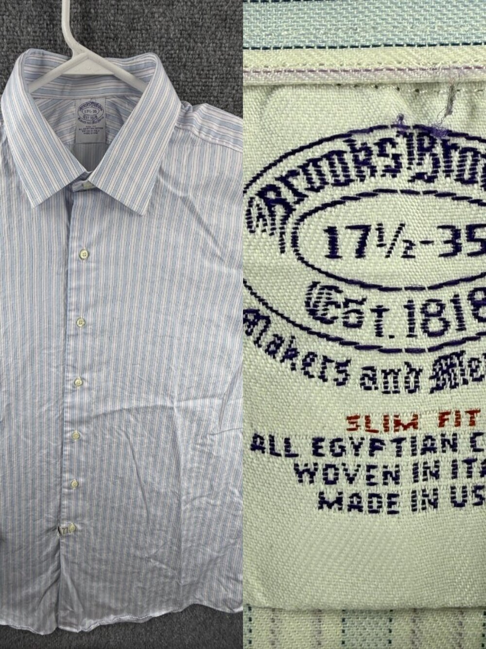Brooks Brothers Makers Cotton Slim French Cuff Striped 17.5 35 USA Blue Shirt